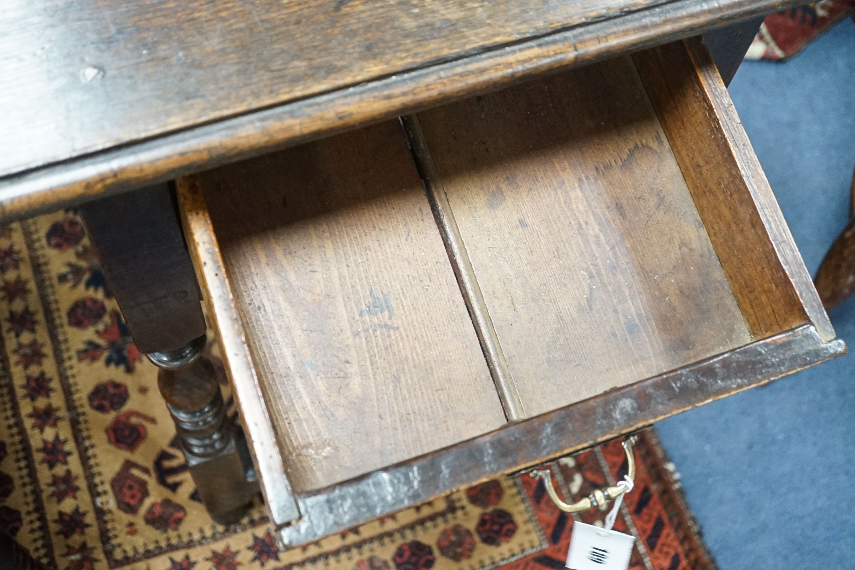 A small William and Mary rectangular oak side table on baluster turned legs, width 51cm, depth 41cm, height 69cm